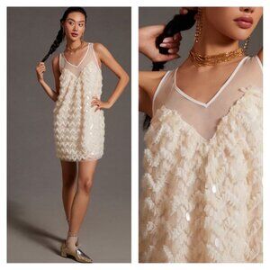 Anthro Maeve Sequined Sleeveless Tulle Shift Mini Dress Cream fits XXSP